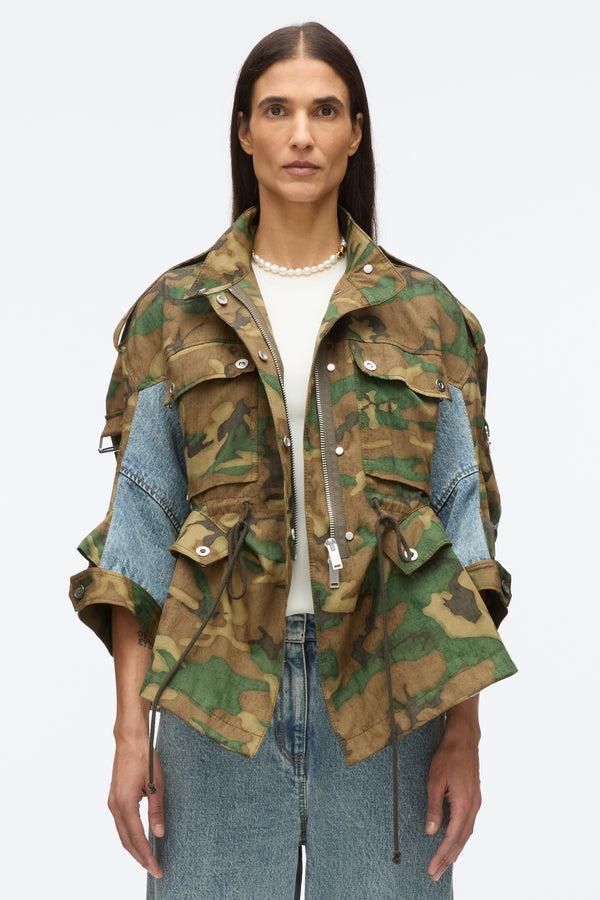3.1 Phillip Lim Patchwork Camo Cinched Jacket DARK OLIVE MULTI