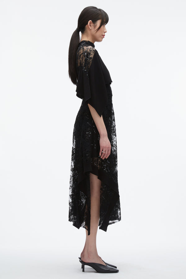 3.1 Phillip Lim Sequin Lace Flounce Maxi Dress BLK MULTI