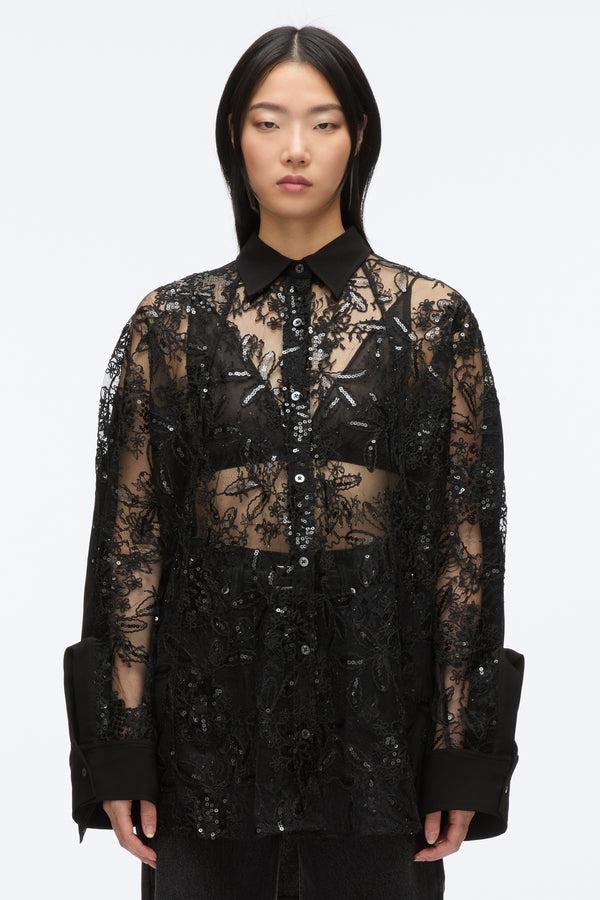 3.1 Phillip Lim Sequin Lace Oversized Shirt BLK MULTI