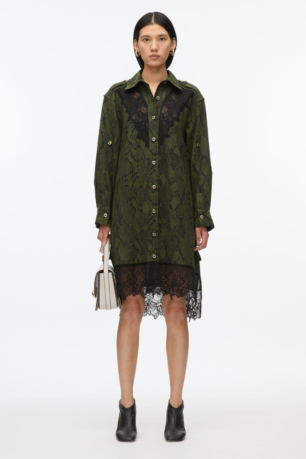 3.1 Phillip Lim Strech Snake Shirt Dress With Lace Inlay OLIVE-BLK