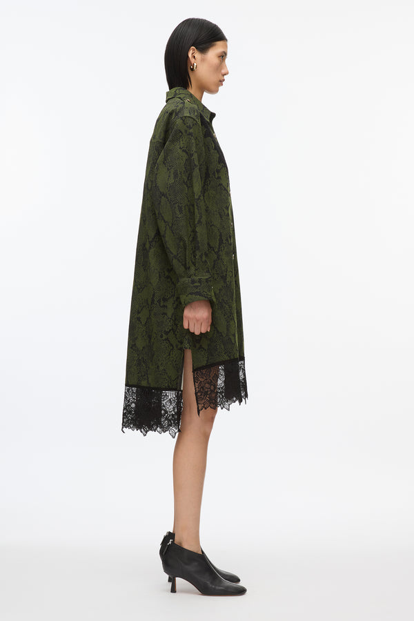3.1 Phillip Lim Strech Snake Shirt Dress With Lace Inlay OLIVE-BLK