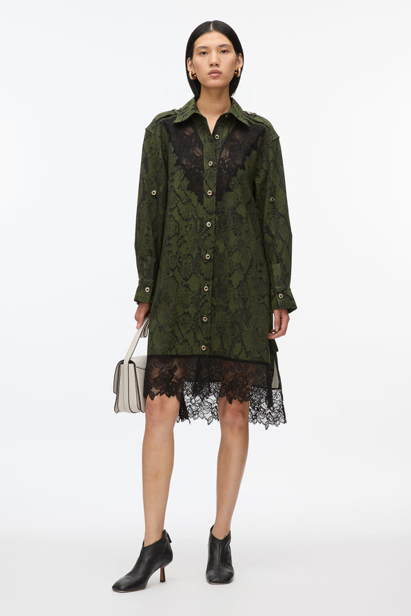3.1 phillip lim Strech Snake Shirt Dress with Lace Inlay OLIVE-BLK