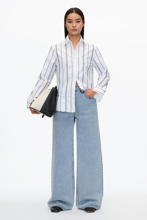 3.1 phillip lim White Relax Fit Poplin Shirt with Wave Embroidery WHITE