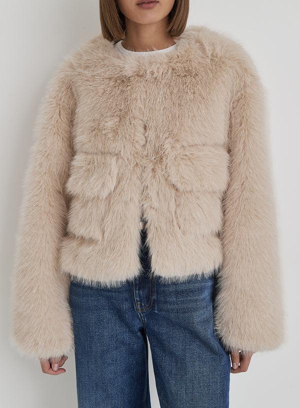4th & Reckless Beige Faux Fur Cropped Jacket- Reysha