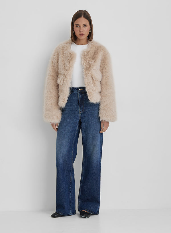 4th & Reckless Beige Faux Fur Cropped Jacket- Reysha