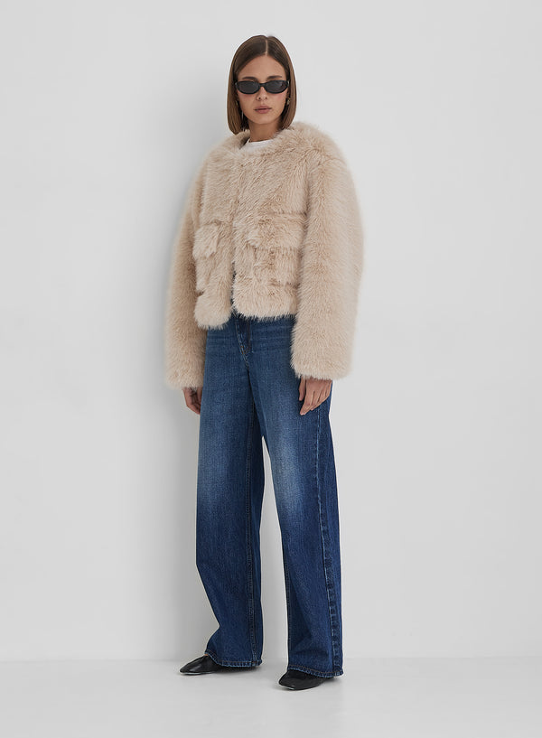 4th & Reckless Beige Faux Fur Cropped Jacket- Reysha