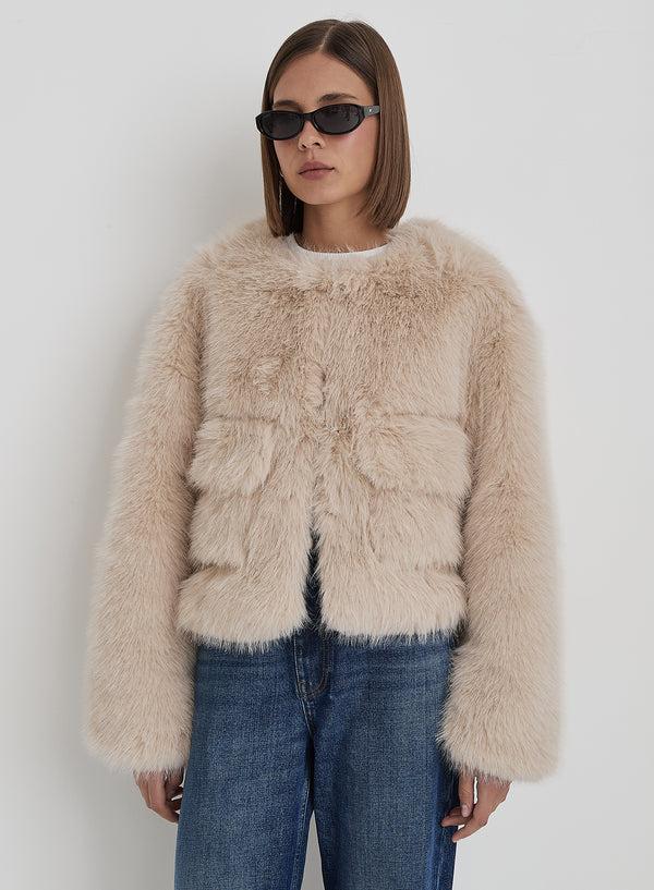 4th & reckless Beige Faux Fur Cropped Jacket- Reysha