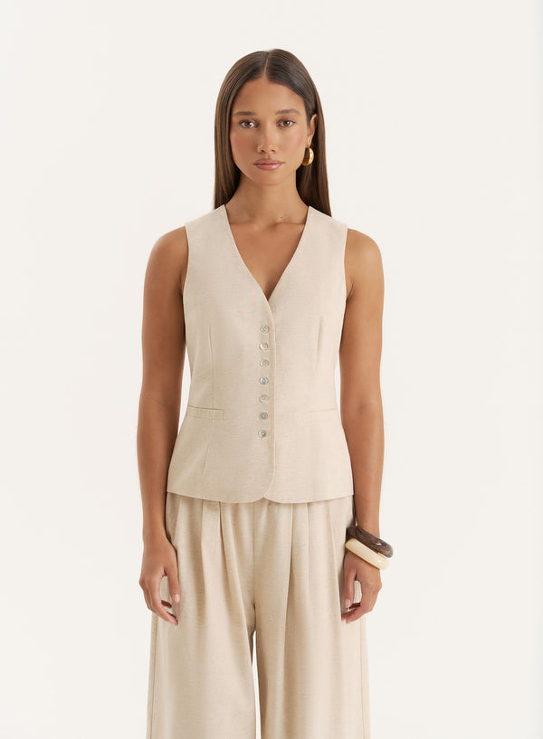 4th & reckless Beige Linen Blend Waistcoat- Milo
