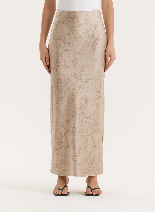 4th & Reckless Beige Print Satin Maxi Skirt- Novah