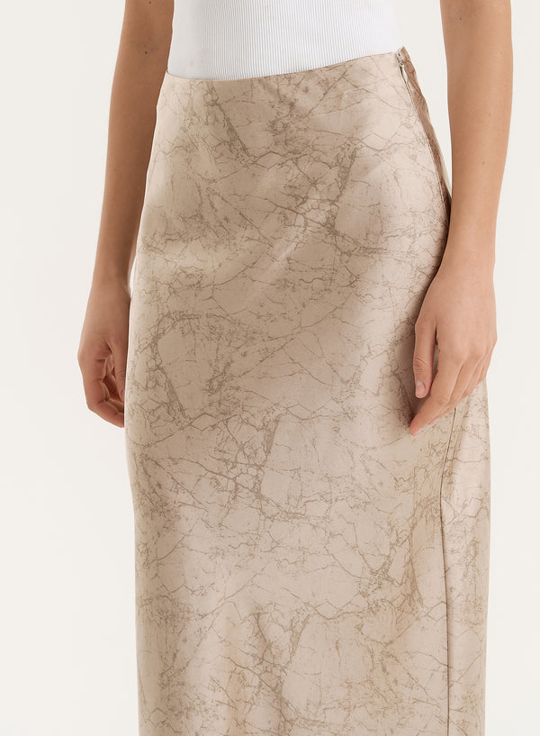 4th & Reckless Beige Print Satin Maxi Skirt- Novah