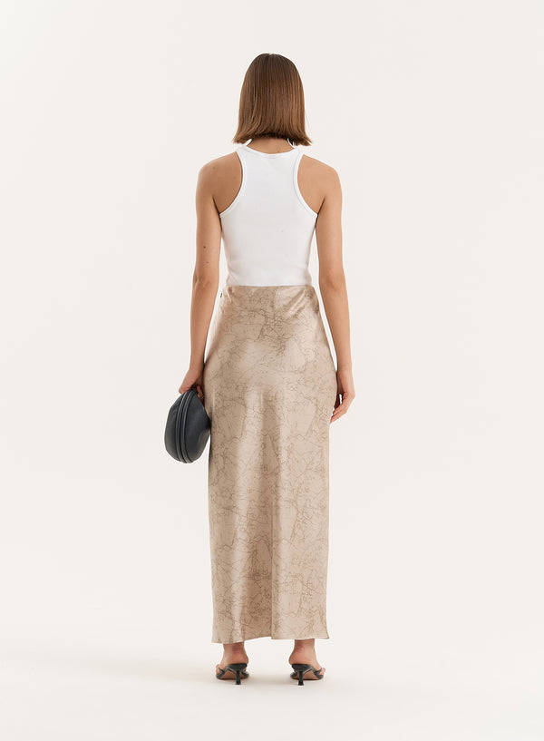 4th & Reckless Beige Print Satin Maxi Skirt- Novah