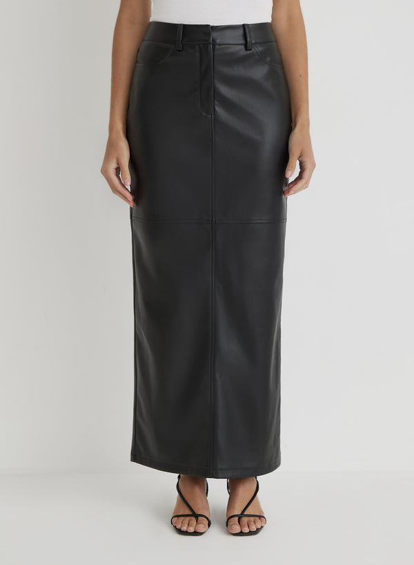 4th & Reckless Black Faux Leather Maxi Skirt- Karmin
