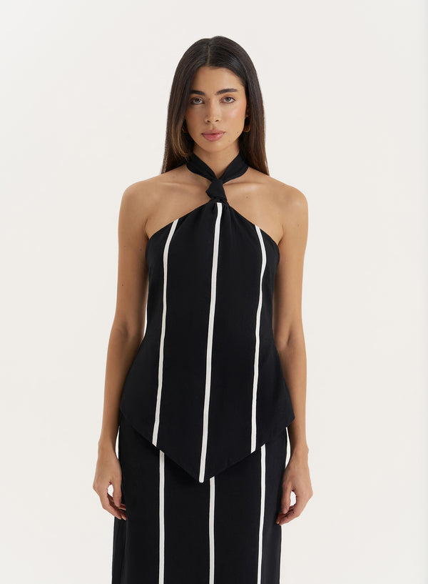 4th & reckless Black Halterneck Stripe Top- Tate