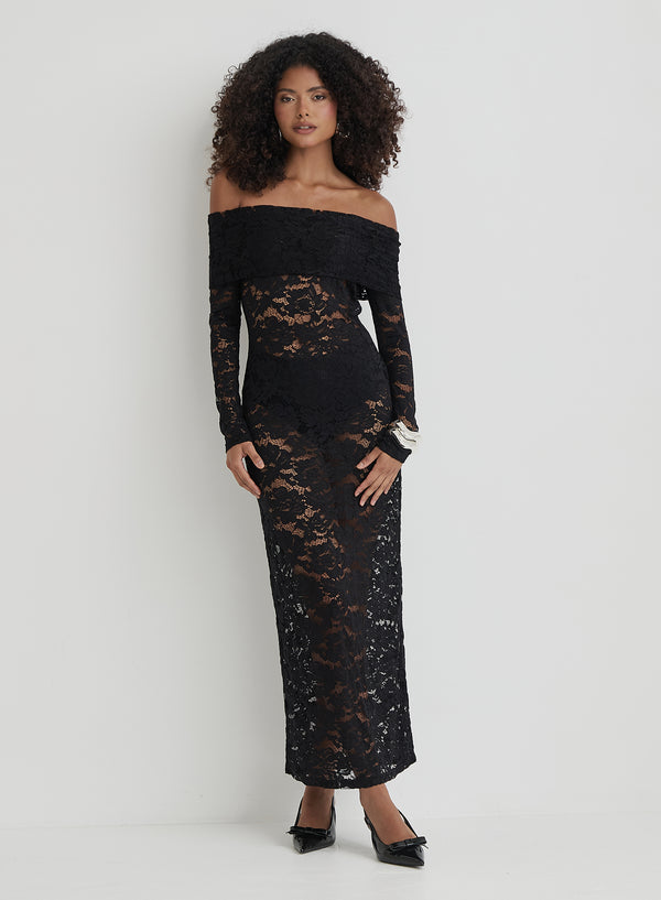 4th & Reckless Black Lace Bardot Midaxi Dress- Niam