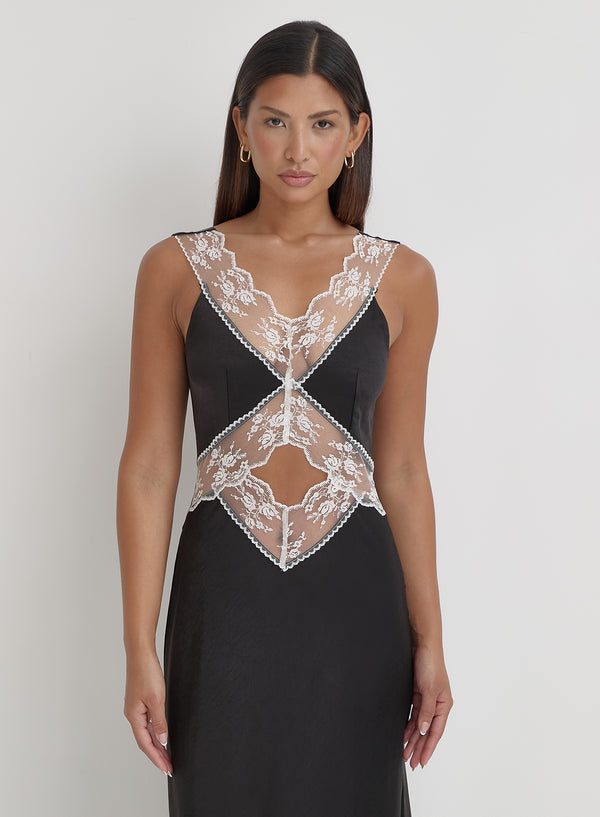 4th & Reckless Black Satin Lace Slip Dress- Kelsey
