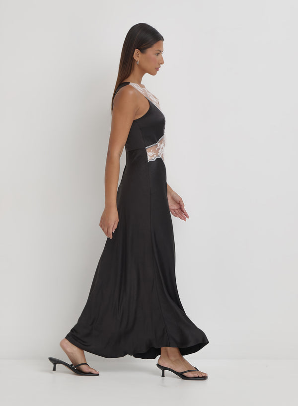 4th & Reckless Black Satin Lace Slip Dress- Kelsey