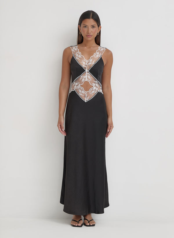 4th & reckless Black Satin Lace Slip Dress- Kelsey