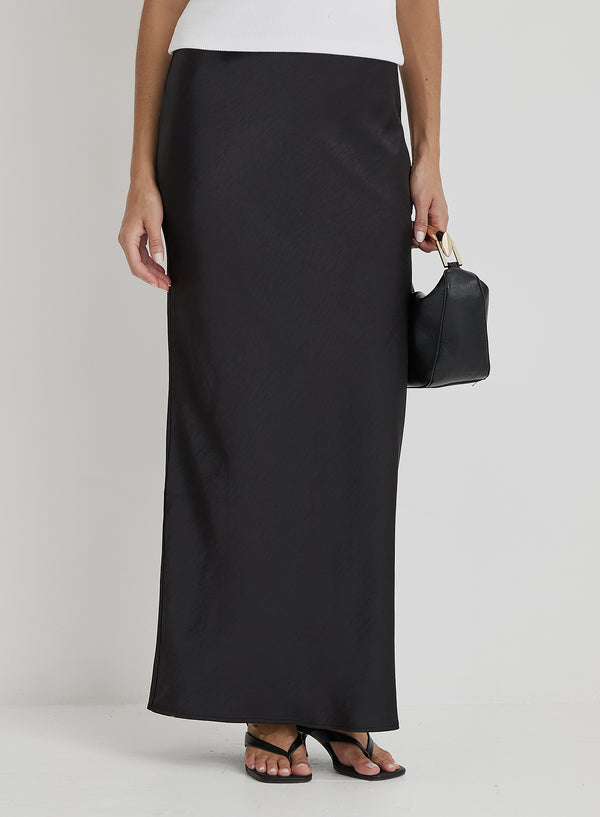 4th & Reckless Black Satin Maxi Skirt- Novah