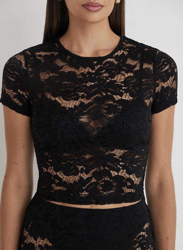 4th & Reckless Black Short Sleeve Lace Top- Olga