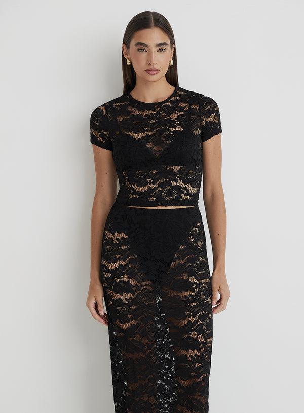 4th & Reckless Black Short Sleeve Lace Top- Olga