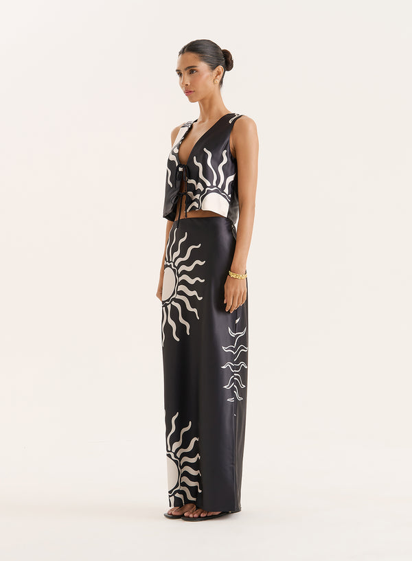4th & Reckless Black Sun Print Satin Maxi Skirt- Lula