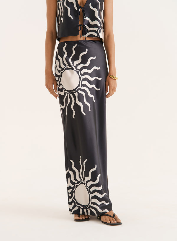 4th & Reckless Black Sun Print Satin Maxi Skirt- Lula