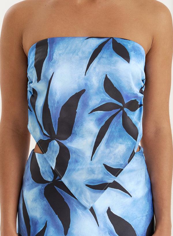 4th & Reckless Blue Floral Satin Bandeau Top- Iris