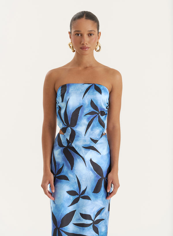 4th & reckless Blue Floral Satin Bandeau Top- Iris
