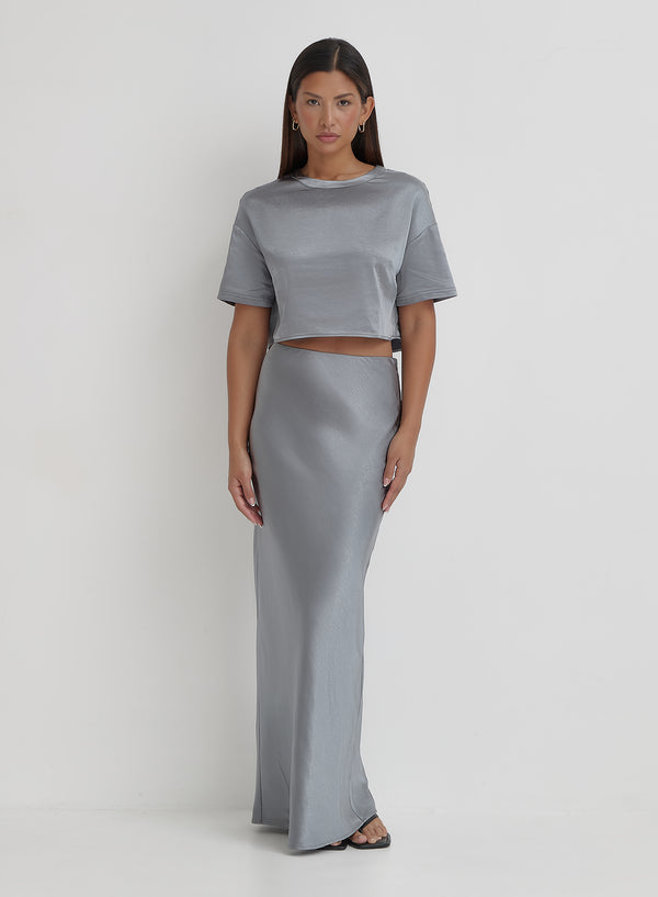 4th & Reckless Blue Steel Satin Cropped Top- Dara