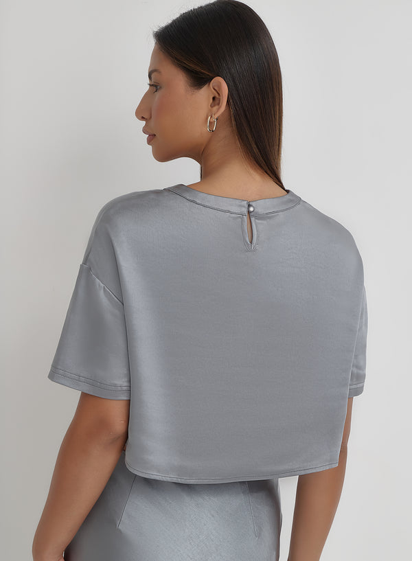 4th & Reckless Blue Steel Satin Cropped Top- Dara