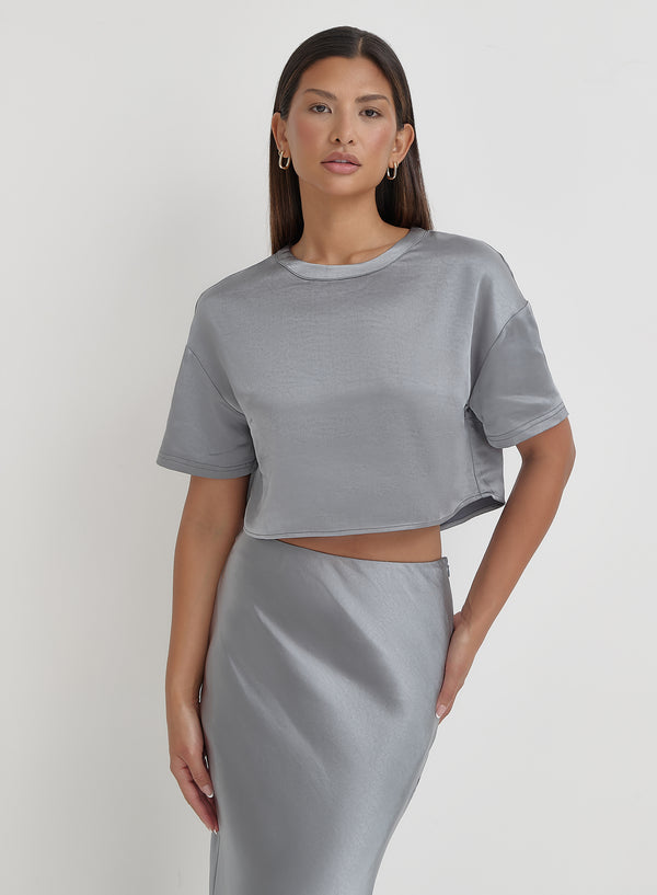 4th & reckless Blue Steel Satin Cropped Top- Dara