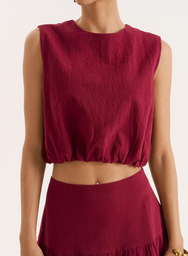 4th & Reckless Burgundy Cotton Bubble Hem Top- Selene