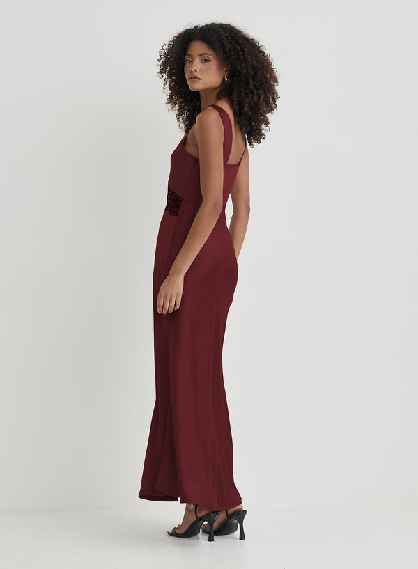 4th & Reckless Burgundy Satin Lace Slip Dress- Kelsey