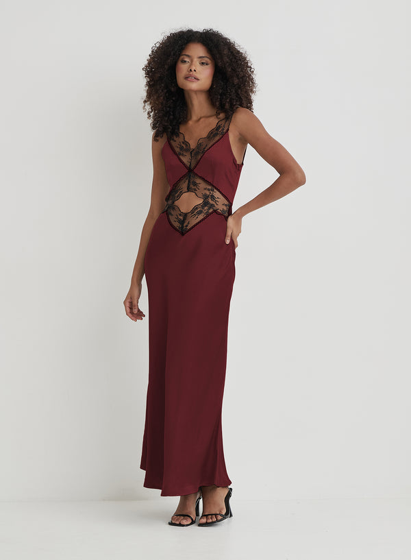 4th & reckless Burgundy Satin Lace Slip Dress- Kelsey