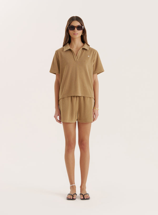 4th & reckless Camel Towelling Branded Short- Zita