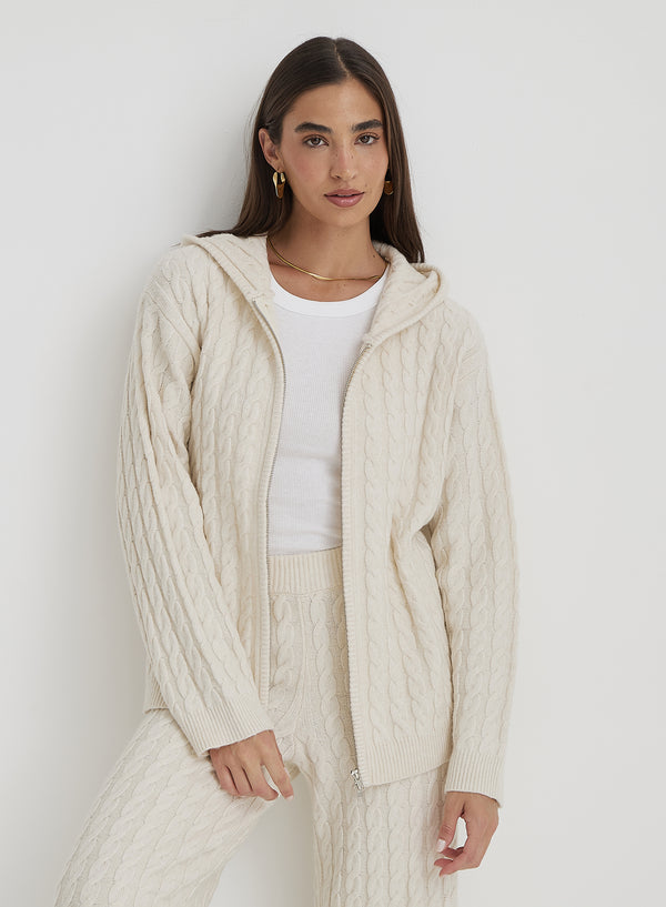 4th & reckless Cream Cable Knit Zip Hoodie- Janina