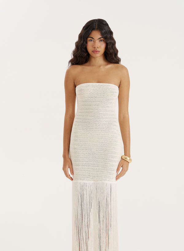 4th & Reckless Cream Knitted Fringe Trim Dress- Addie