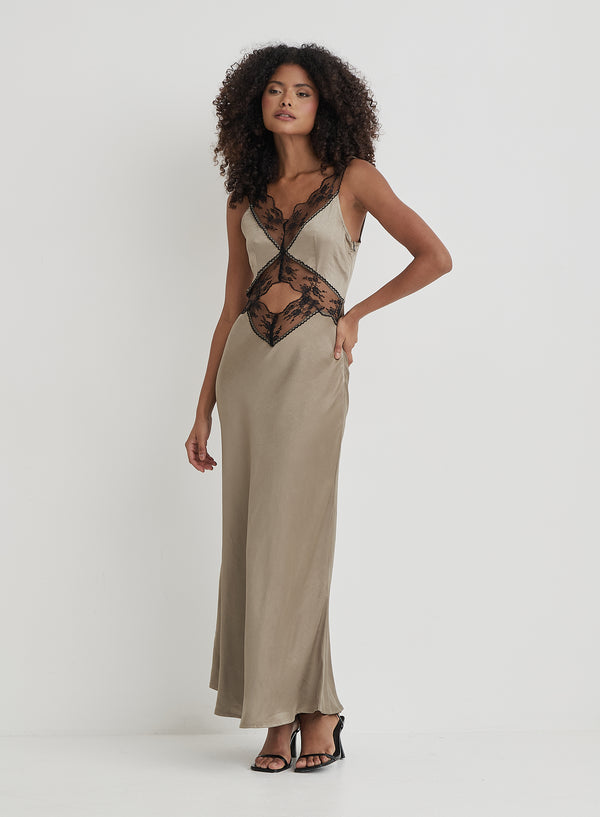 4th & Reckless Khaki Satin Lace Slip Dress- Kelsey