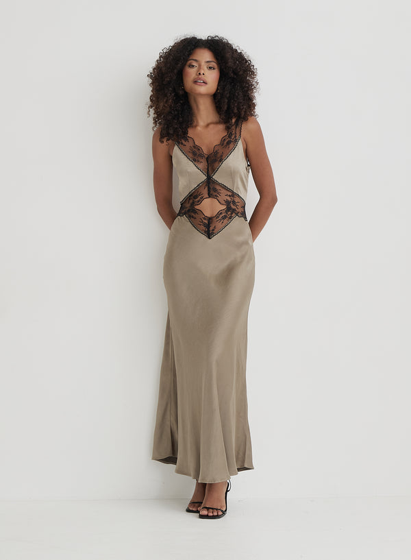 4th & reckless Khaki Satin Lace Slip Dress- Kelsey
