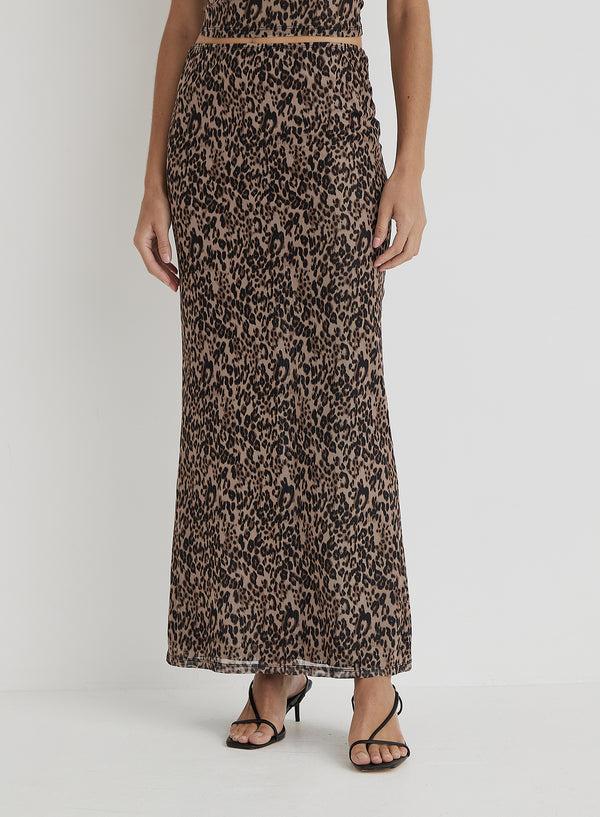 4th & Reckless Leopard Print Mesh Maxi Skirt- Cher