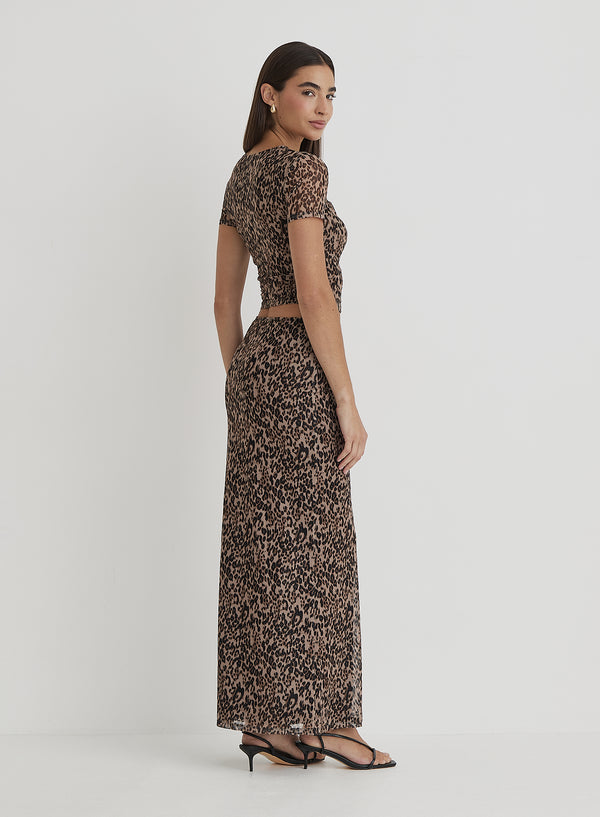 4th & Reckless Leopard Print Mesh Maxi Skirt- Cher