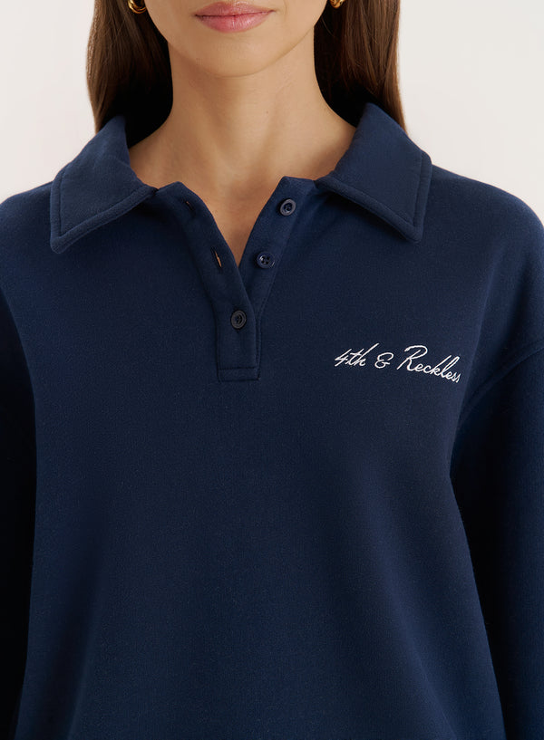 4th & Reckless Navy Branded Polo Sweatshirt- Clover