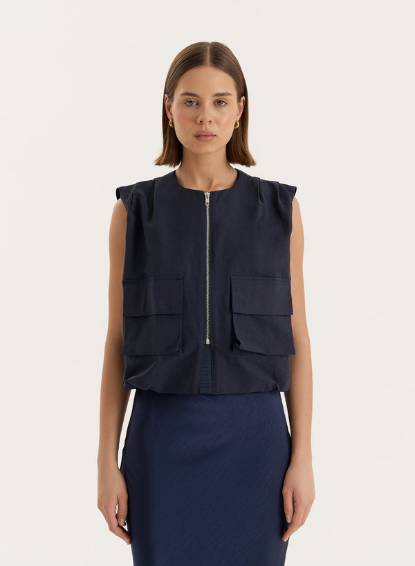 4th & reckless Navy Drawstring Gilet- Cleo
