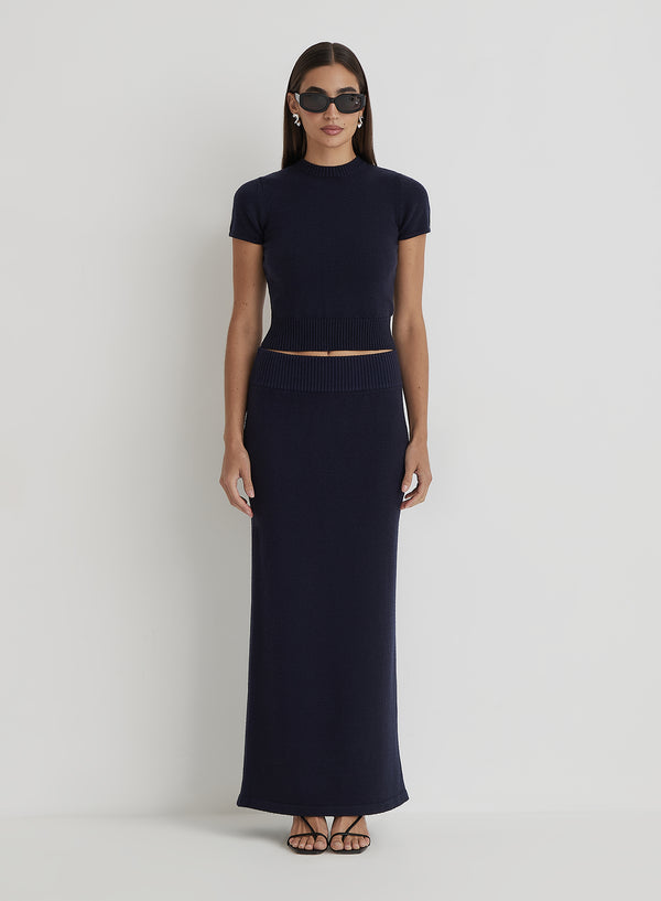 4th & Reckless Navy Knitted Short Sleeve Top- Sandi