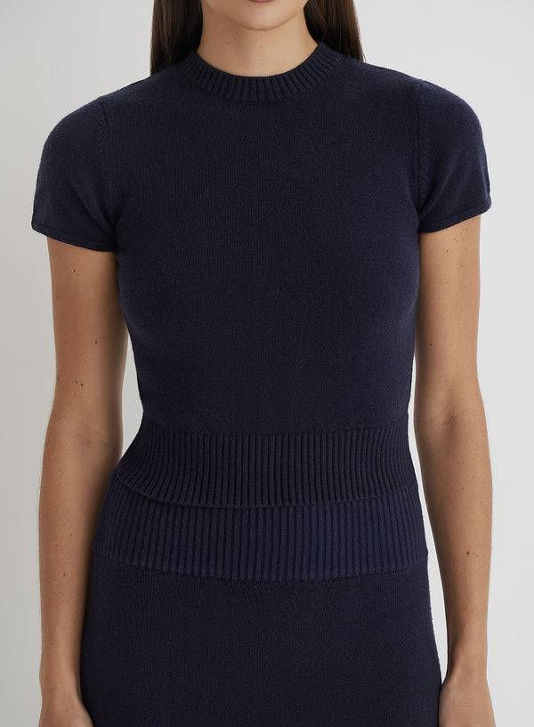 4th & Reckless Navy Knitted Short Sleeve Top- Sandi