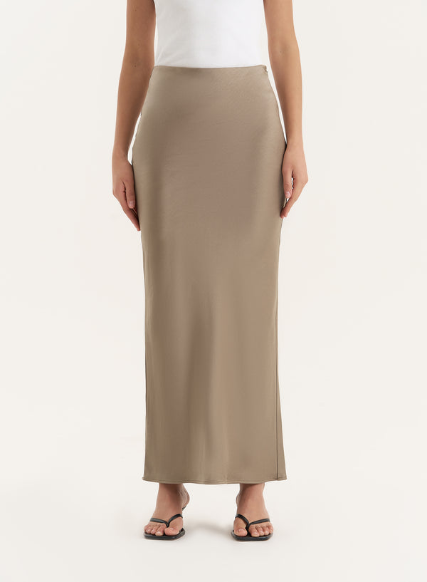 4th & Reckless Olive Satin Maxi Skirt- Novah