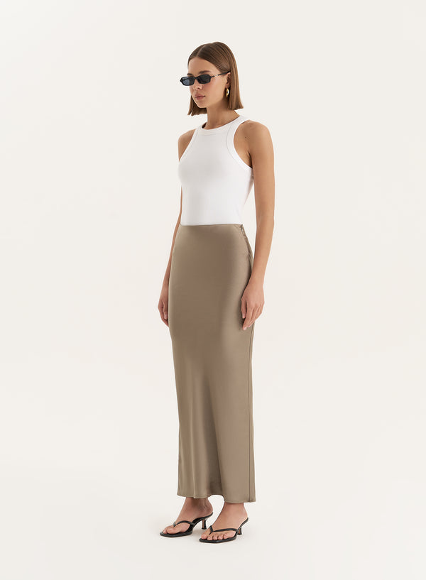 4th & Reckless Olive Satin Maxi Skirt- Novah