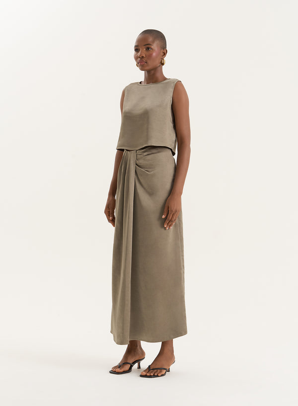 4th & Reckless Olive Satin Maxi Skirt- Verona