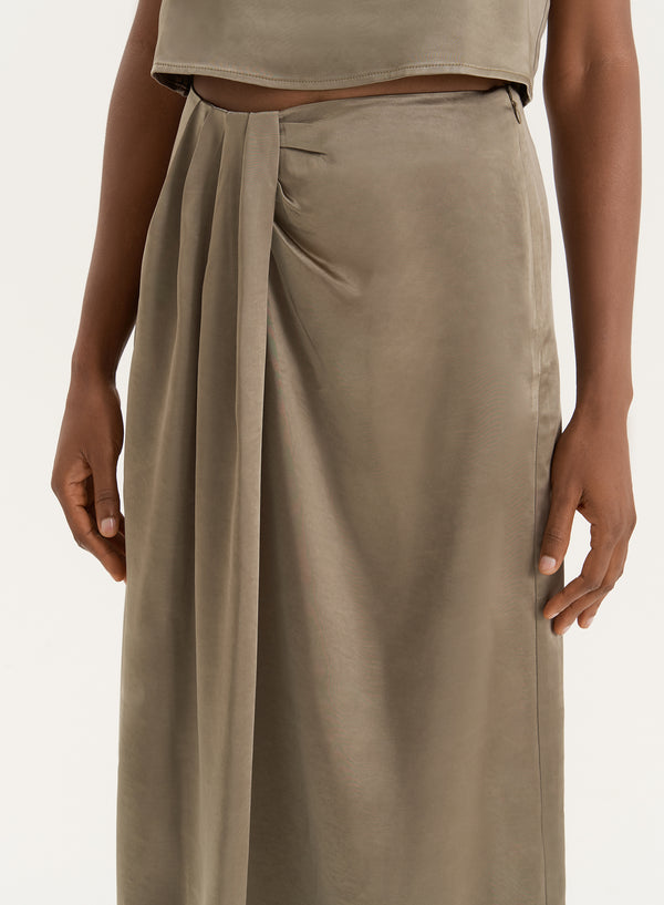 4th & Reckless Olive Satin Maxi Skirt- Verona