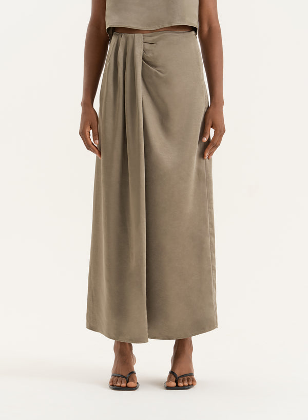 4th & Reckless Olive Satin Maxi Skirt- Verona